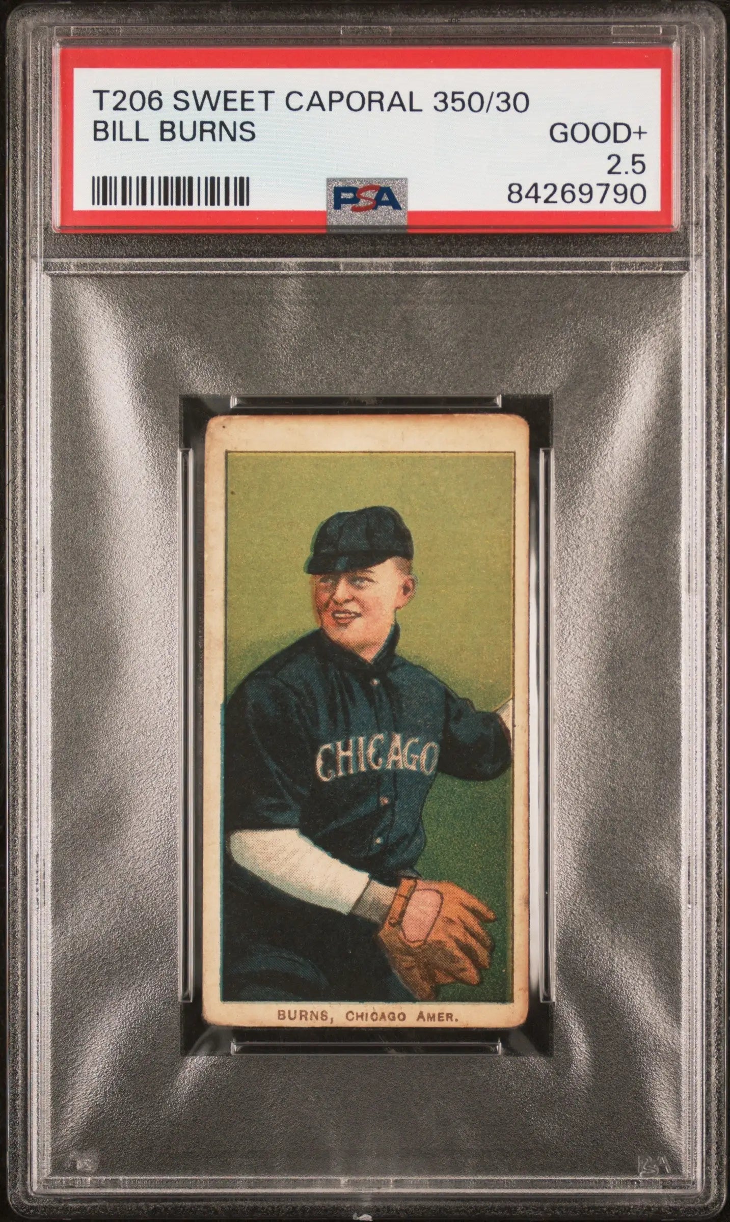PSA-graded T206 Sweet Caporal baseball card of Chicago White Sox player in dark uniform