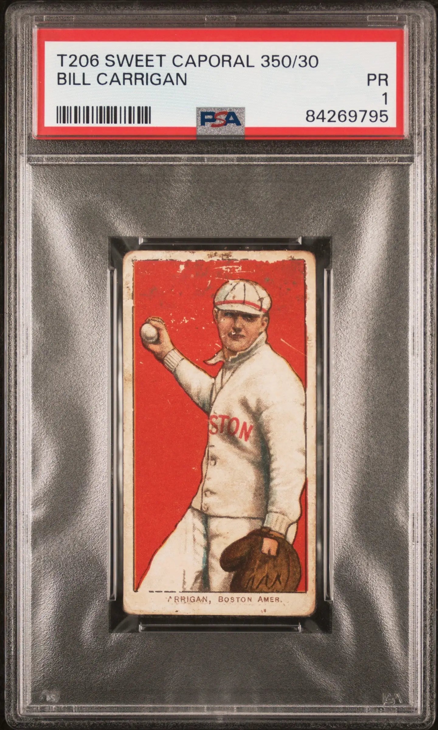 PSA-graded Bill Carrigan 1909-11 T206 Sweet Caporal baseball card on red background