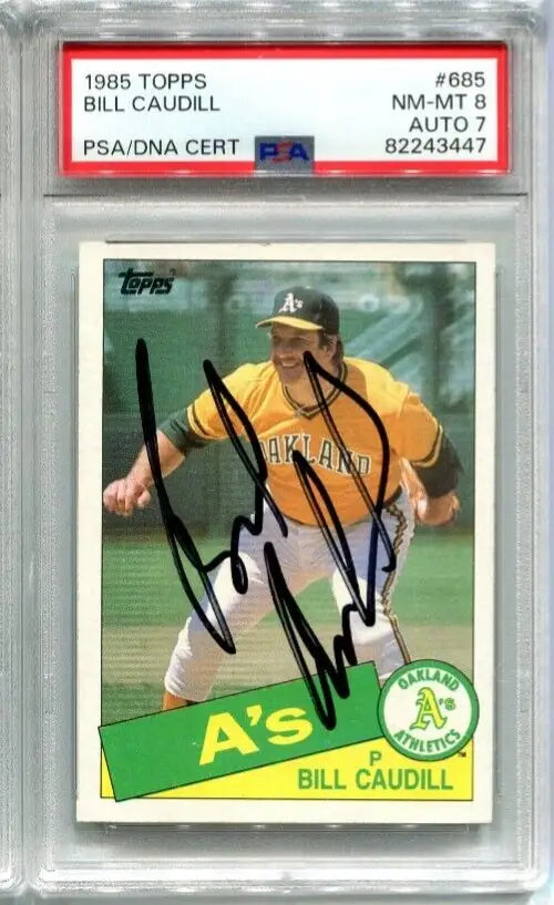 Graded Bill Caudill 1985 Topps trading card with PSA/DNA autograph from Oakland A’s