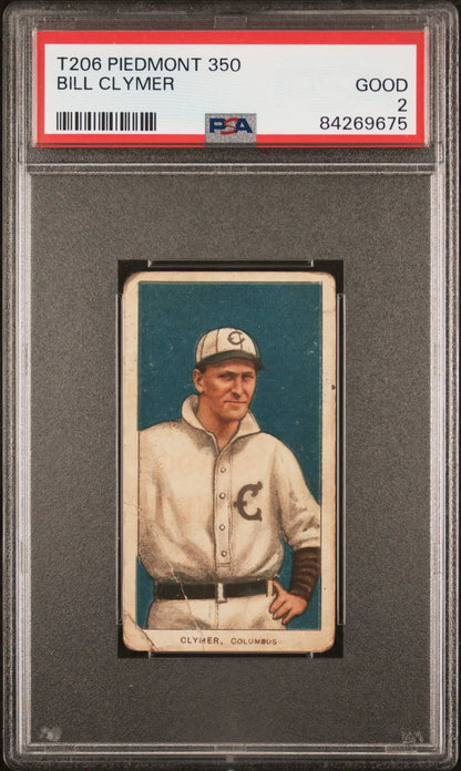 PSA-graded T206 Piedmont 360 baseball card of Bill Clymer in white uniform