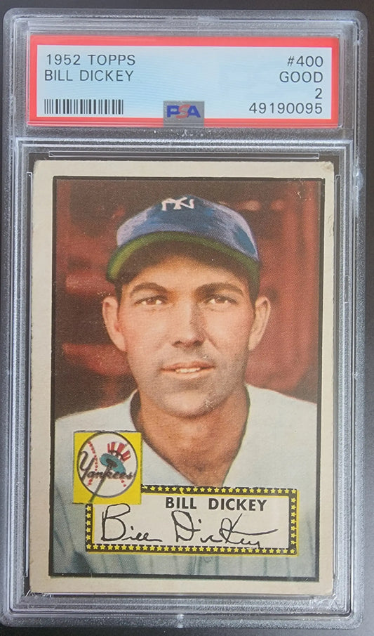 PSA-graded 1952 Topps Bill Dickey baseball card in protective case for collectors
