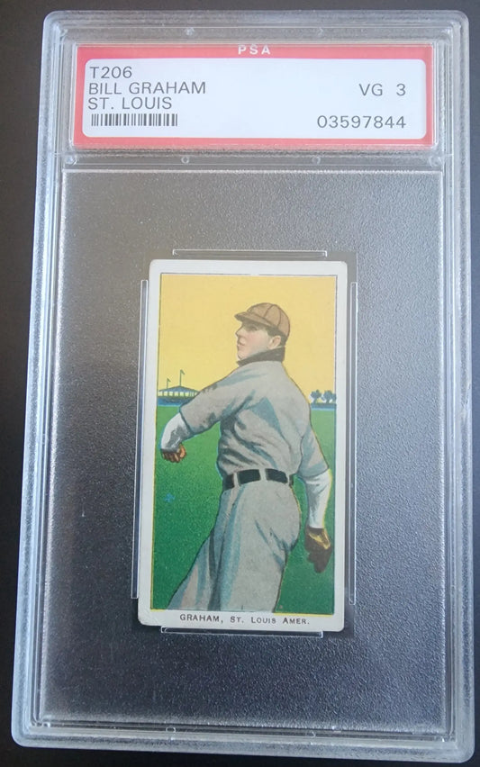 PSA-graded T206 Piedmont 350/25 trading card of player in gray uniform on field