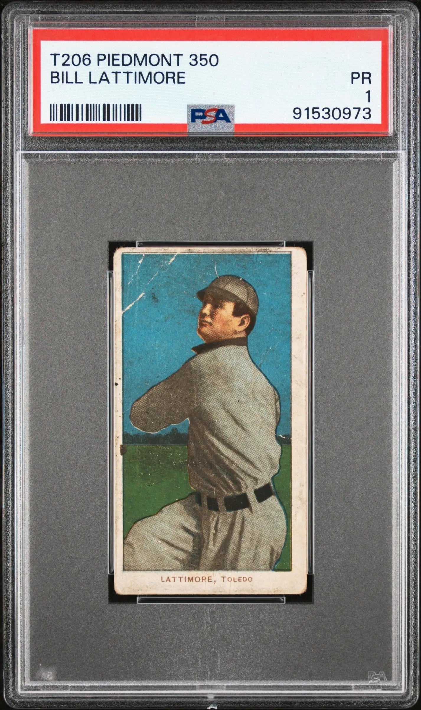 PSA-graded Bill Lattimore 1909-11 T206 Piedmont baseball card in gray uniform