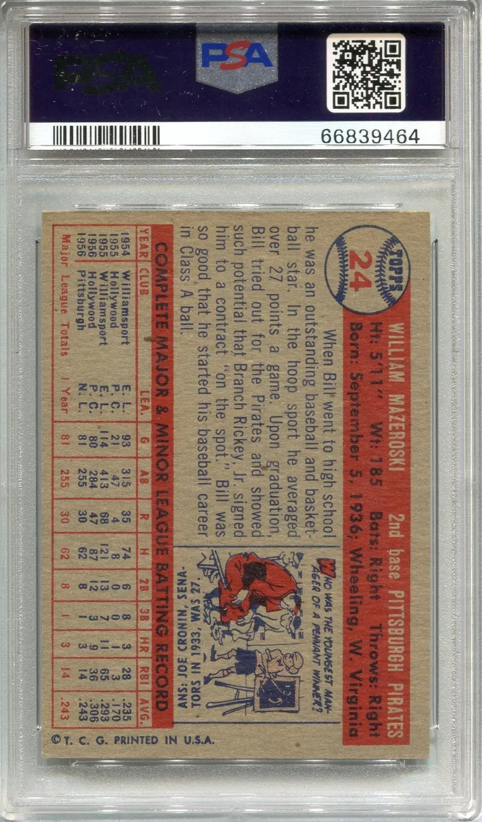 Vintage William Mazeroski rookie card 1957 Topps graded PSA 5 in plastic slab