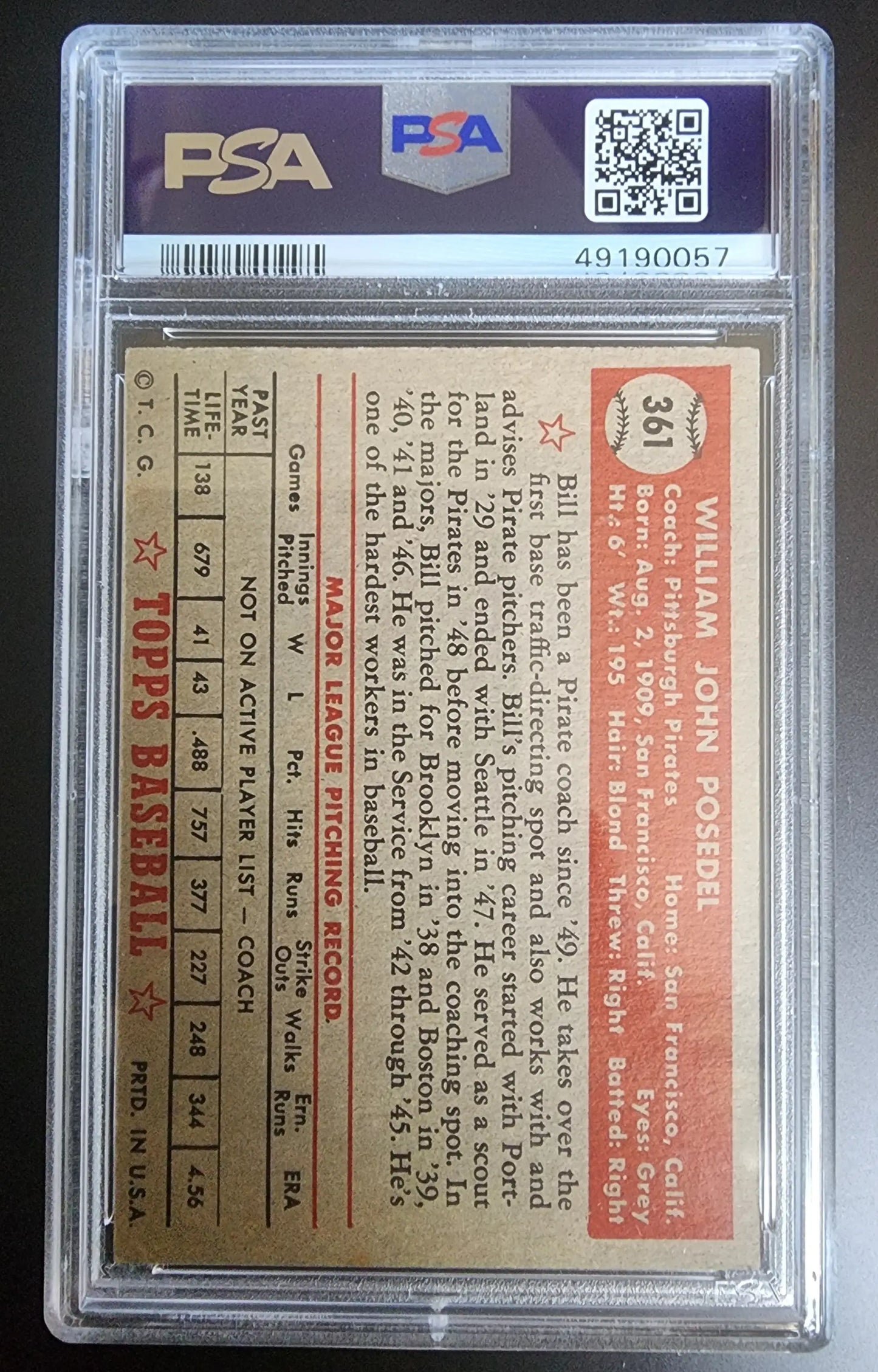 PSA-graded back view of Bill Posedel 1952 Topps #361 baseball card statistics
