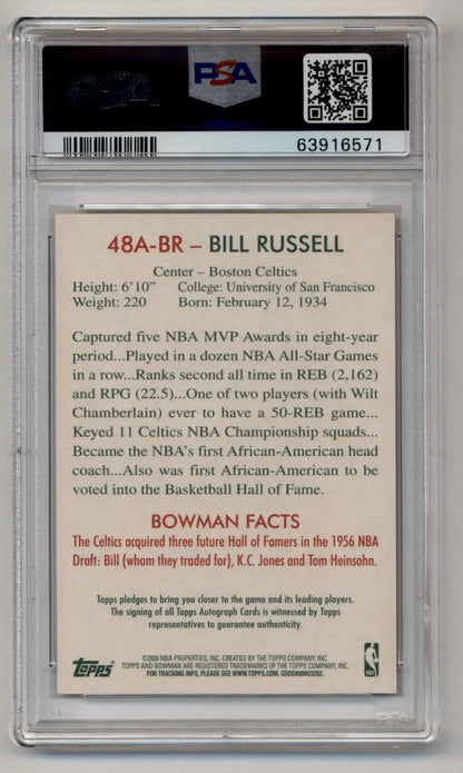 Back of Bill Russell 2009-10 Bowman 48 Auto #48ABR PSA 10 Gem Mint Auto 10 trading card