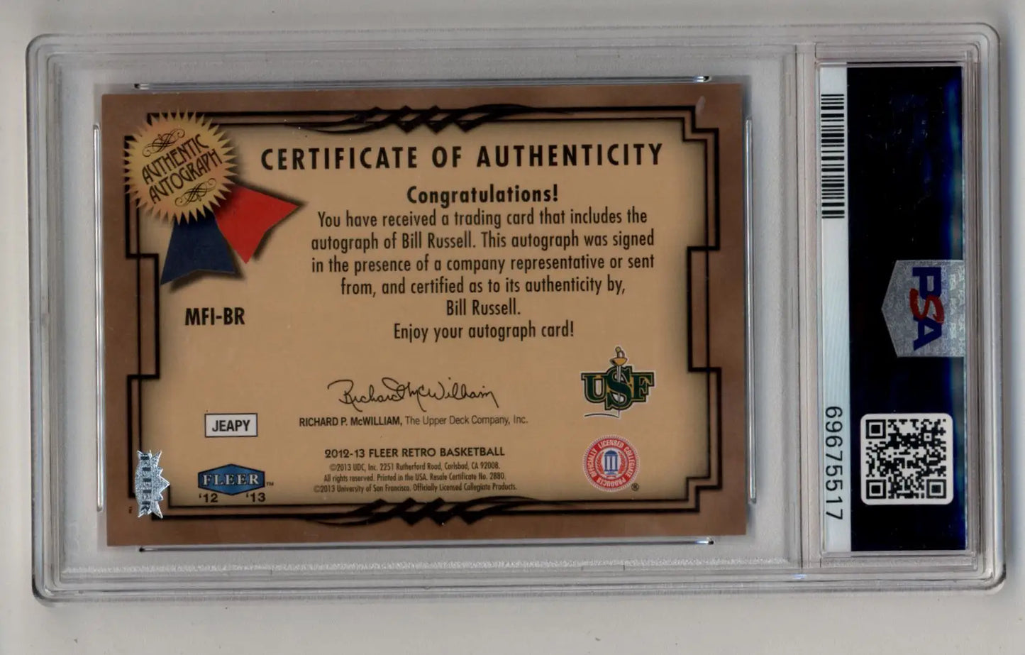 Bill Russell 2012-13 Fleer Retro Mystique Fresh Ink Auto PSA 10 Gem Mint Auto 10 - Singles