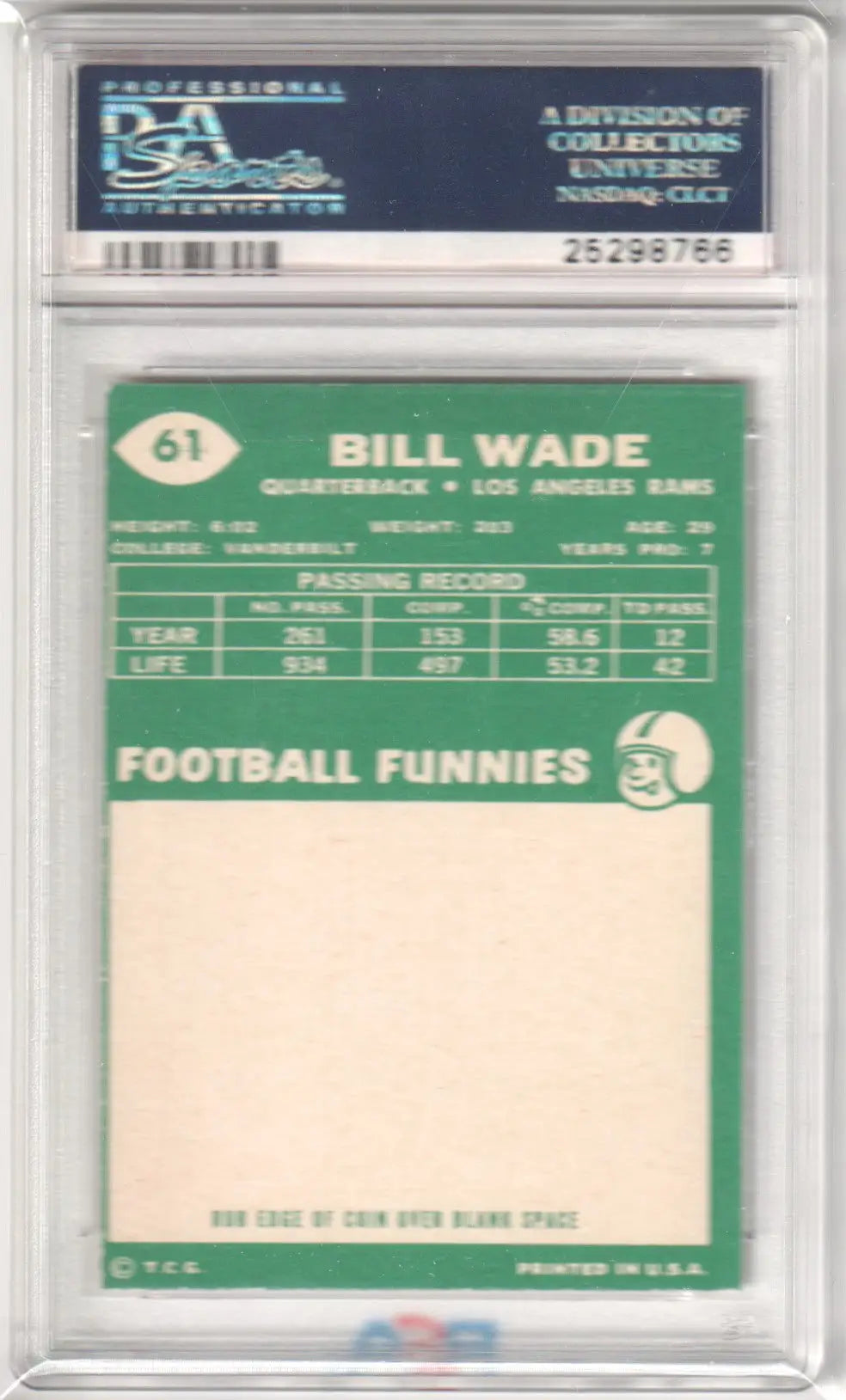 Columbia Hobby PSA-graded 1961 Fleer Bill Wade football card with passing record and Football Funnies