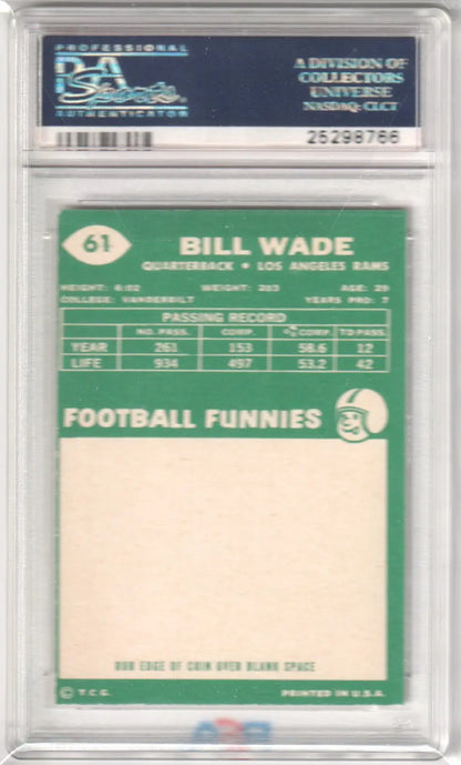 Columbia Hobby PSA-graded 1961 Fleer Bill Wade football card with passing record and Football Funnies