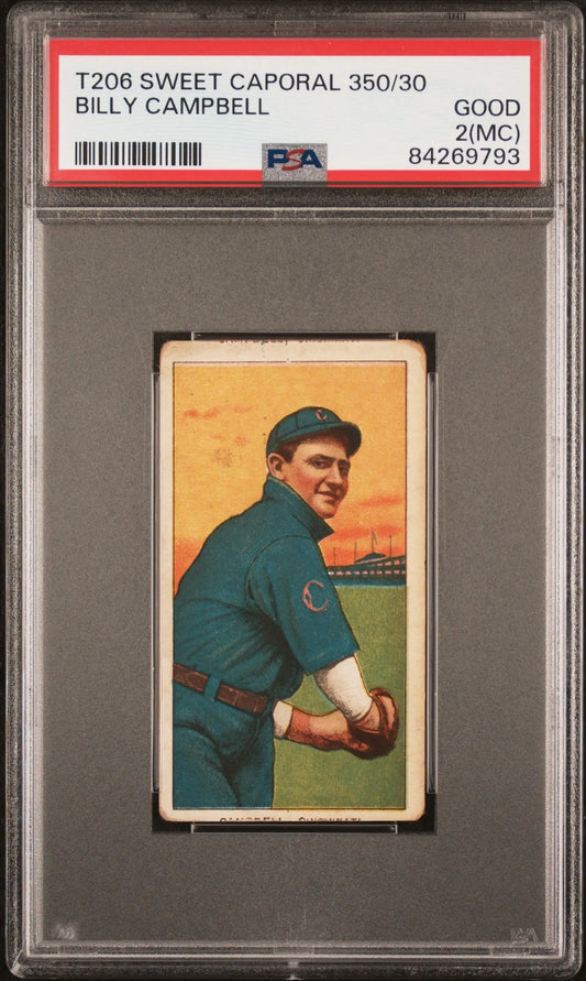 PSA-graded T206 Sweet Caporal card of Billy Campbell in pitching pose with dark blue uniform