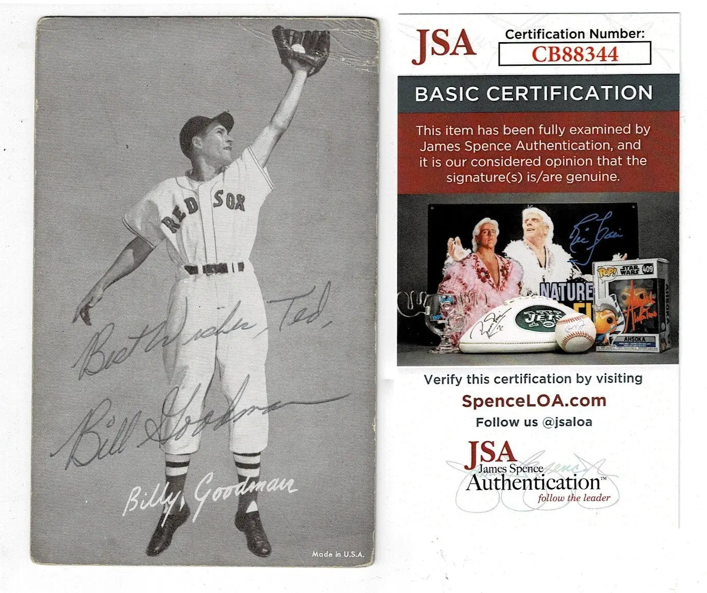 Black and white photo of Billy Goodman in Red Sox uniform with autograph and certificate