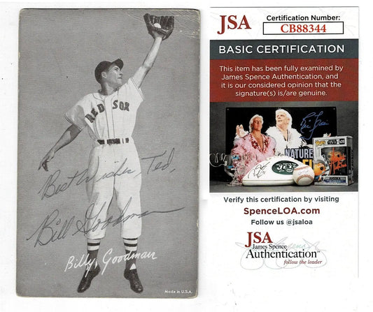 Black and white photo of Billy Goodman in Red Sox uniform with autograph and certificate