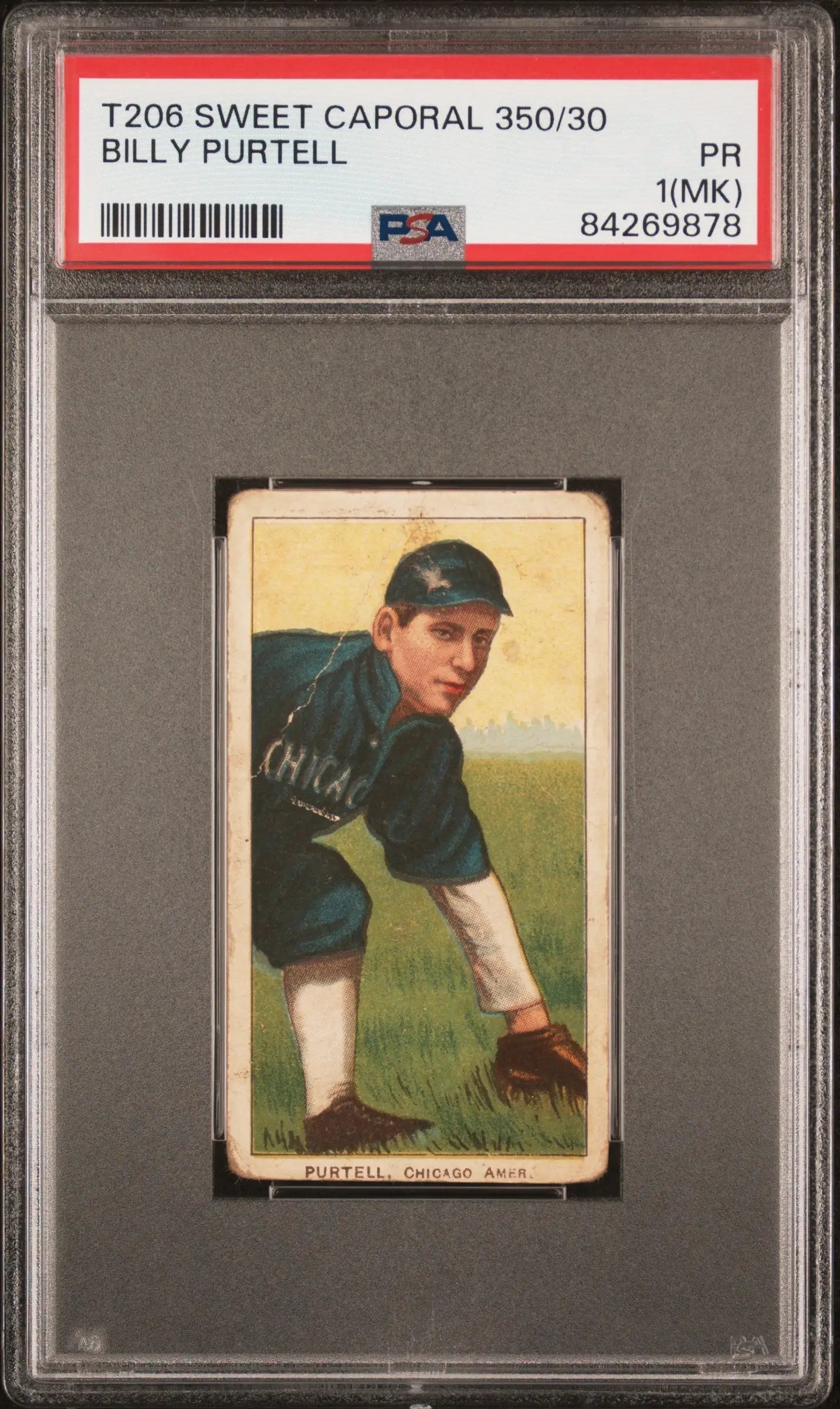 PSA-graded T206 Sweet Caporal Billy Purtell baseball card featuring a fielder in dark uniform