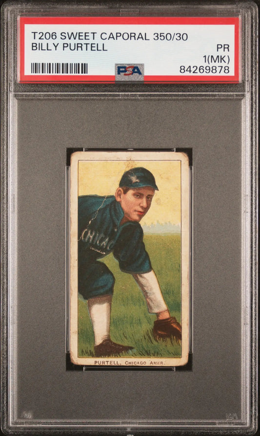 PSA-graded T206 Sweet Caporal Billy Purtell baseball card featuring a fielder in dark uniform