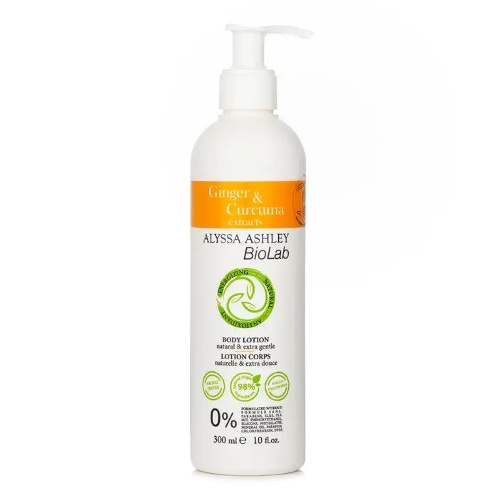 White pump bottle of Biolab Ginger & Curcuma Body Lotion with yellow label