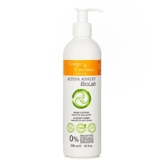 White pump bottle of Biolab Ginger & Curcuma Body Lotion with yellow label