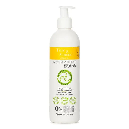 White pump bottle of Biolab Tiarè & Almond Body Lotion with yellow label
