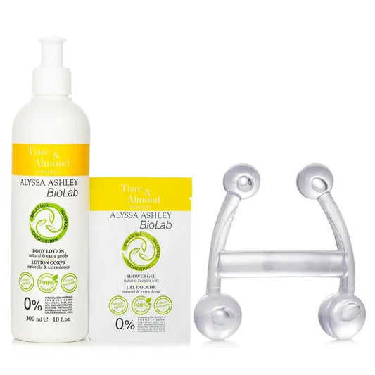 Biolab Tiare Almond Body Lotion Shower Gel and Facial Massager set for skincare