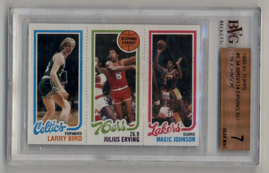 Graded sports card panel of Bird Erving Johnson 1980-81 Topps #6 BVG 7 Near Mint