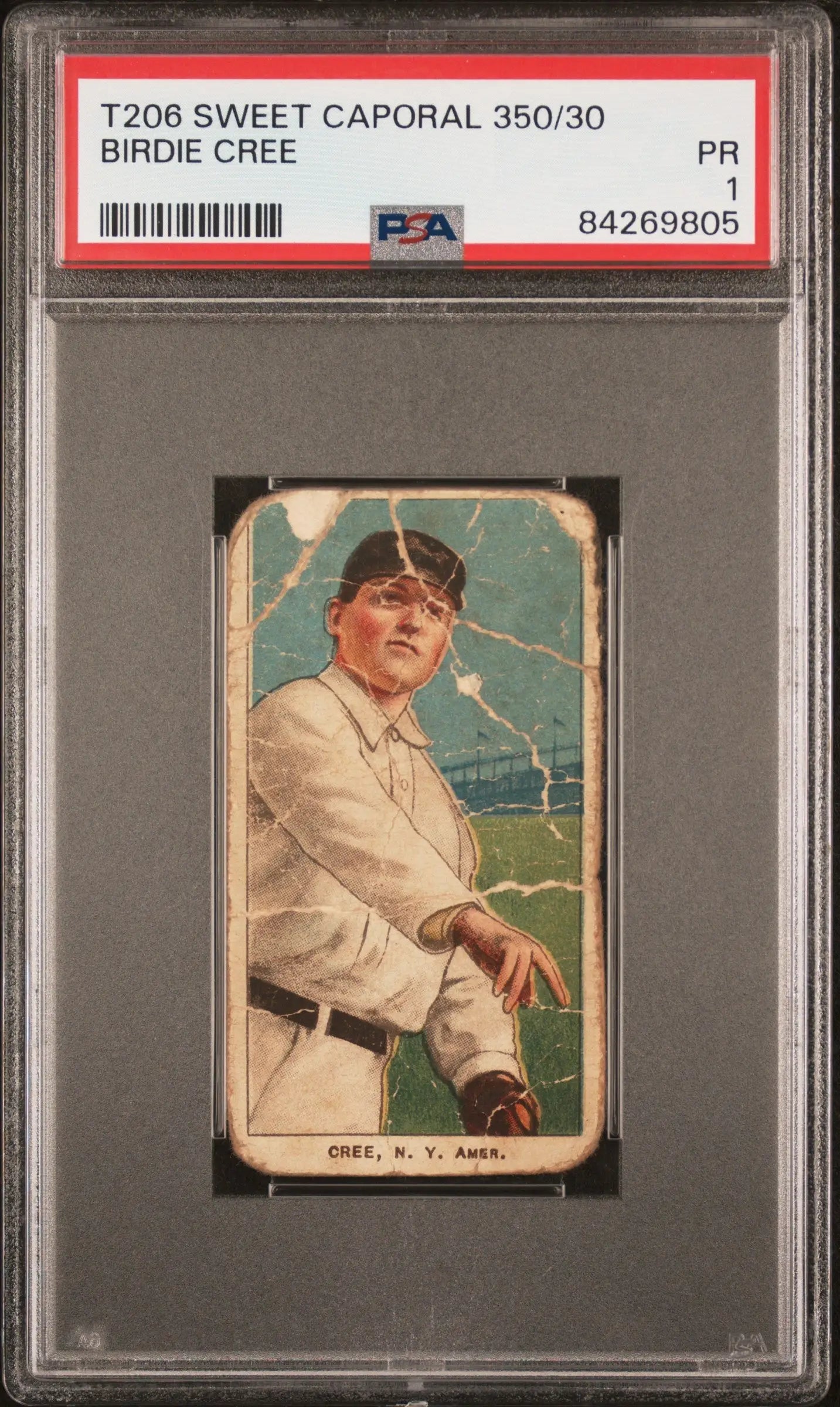 PSA-graded T206 Sweet Caporal baseball card of Birdie Cree in white uniform