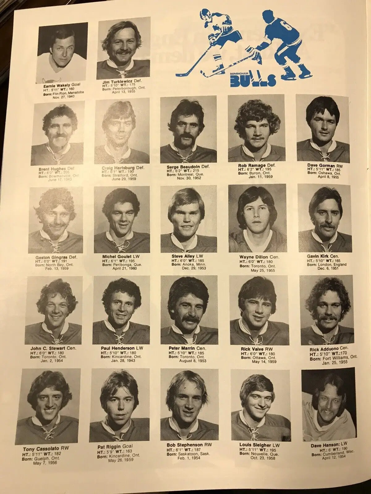 Vintage Birmingham Bulls hockey team roster featuring Louis Sleigher and Scott Campbell
