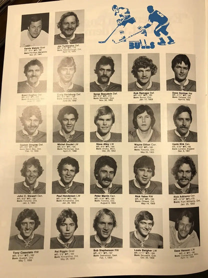 Vintage Birmingham Bulls hockey team roster featuring Louis Sleigher and Scott Campbell