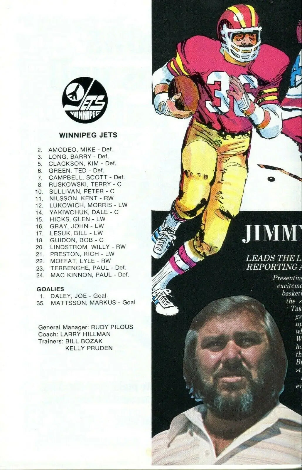 Winnipeg Jets team roster from Birmingham Bulls vs Jets Jan 1979, featuring Louis Sleigher and Scott Campbell