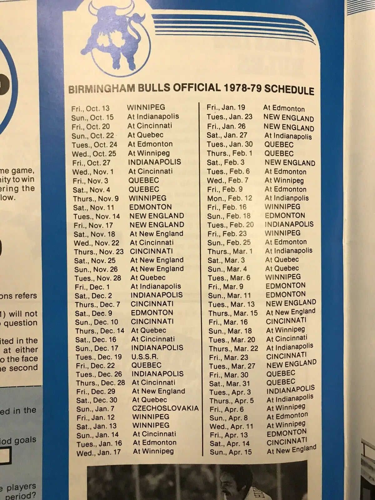 Birmingham Bulls 1978-79 schedule featuring Louis Sleigher and Scott Campbell autographs