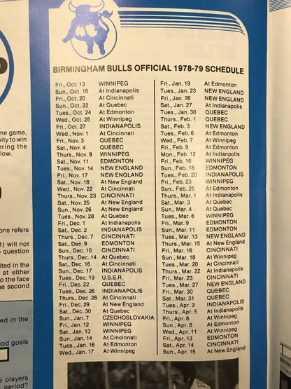 Birmingham Bulls 1978-79 schedule featuring Louis Sleigher and Scott Campbell autographs