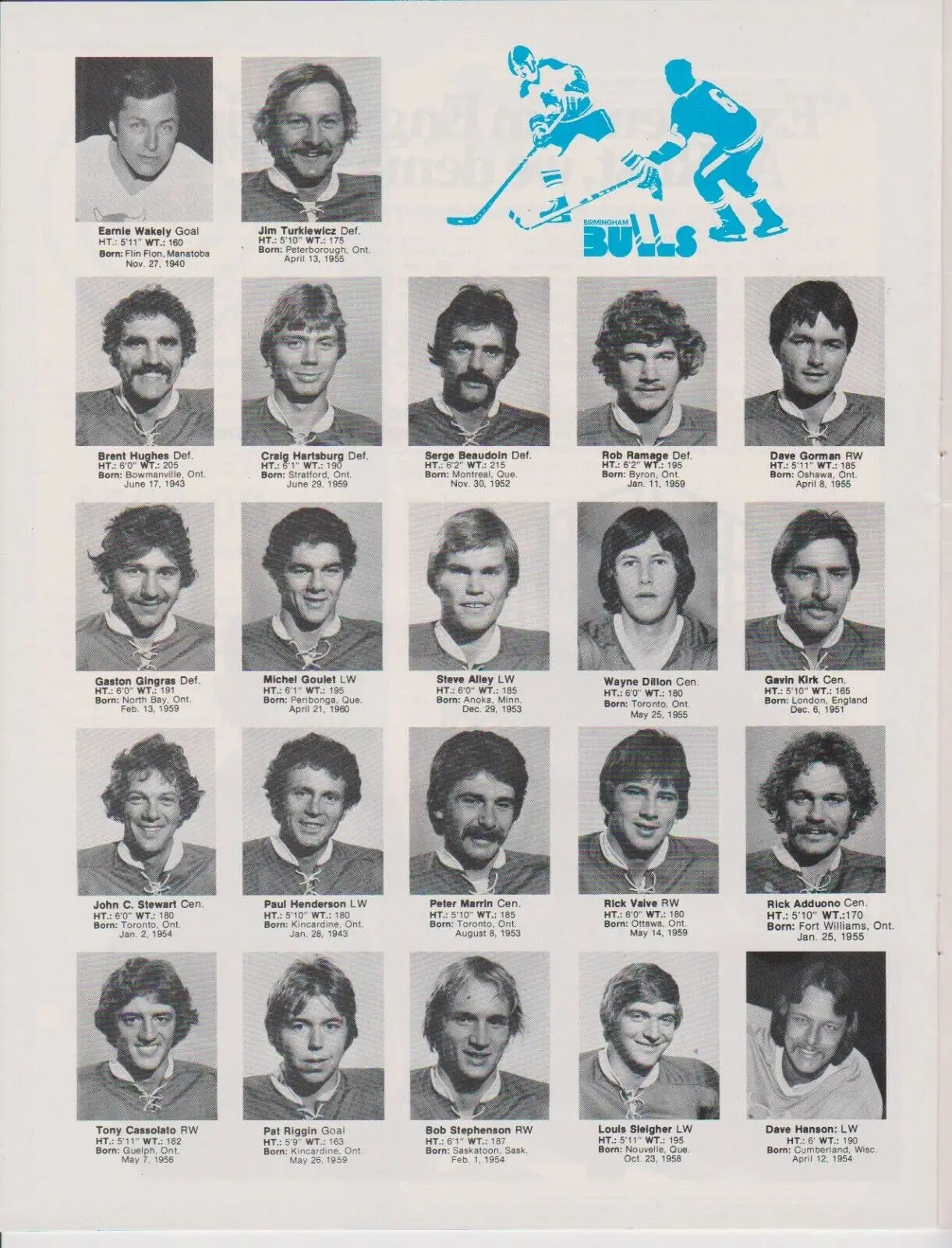 Hockey team roster from the Birmingham Bulls 1979 program featuring Rick Adduono