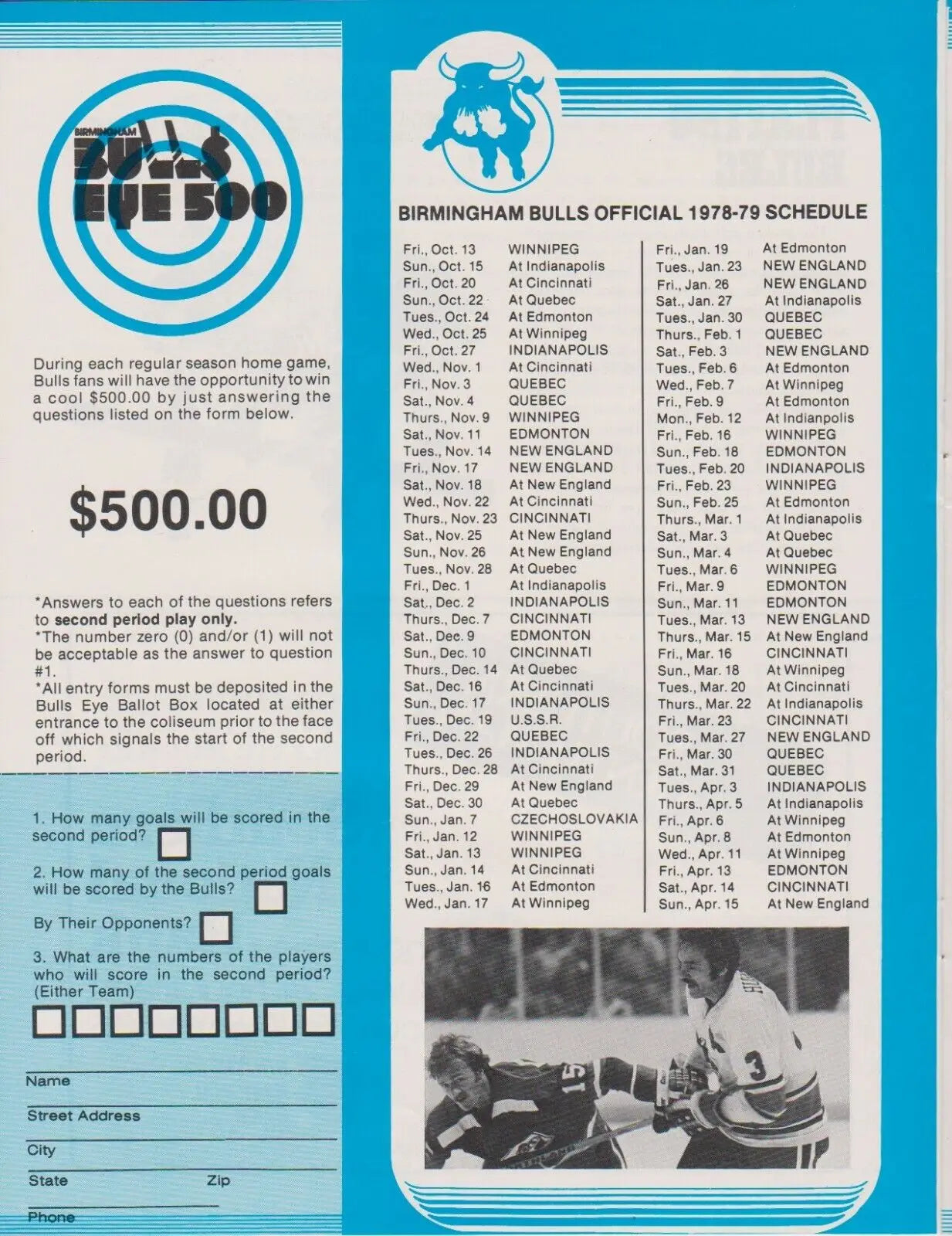 Birmingham Bulls contest form in the 1979 Hockey Program featuring Rick Adduono