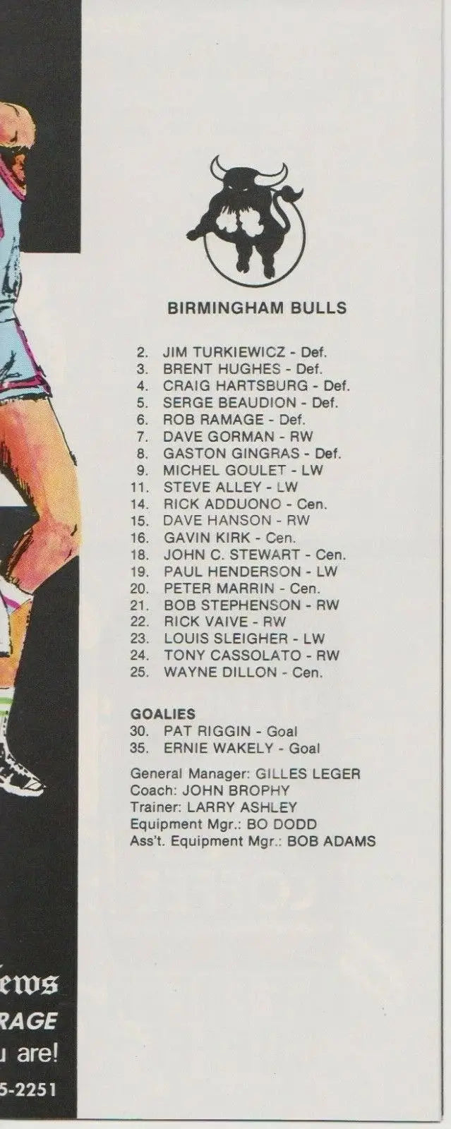 Birmingham Bulls roster featured in Birmingham Bulls v Winnipeg Jets hockey program