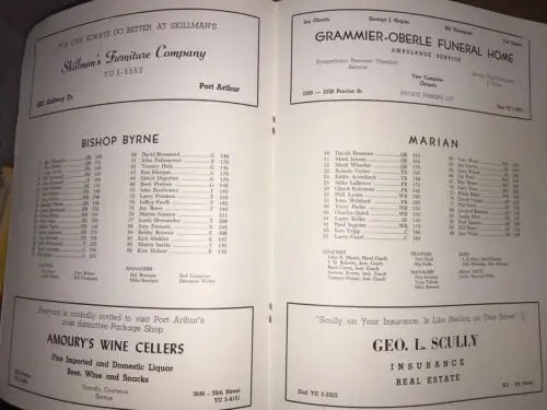 Vintage advertisement pages from Bishop Byrne Shamrocks v Marian Colts TX High School program