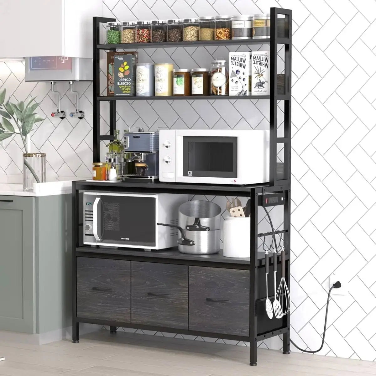 Black Metal Kitchen Baker’s Rack 4-Shelves with Bottom Storage Cabinets - Bakers Racks
