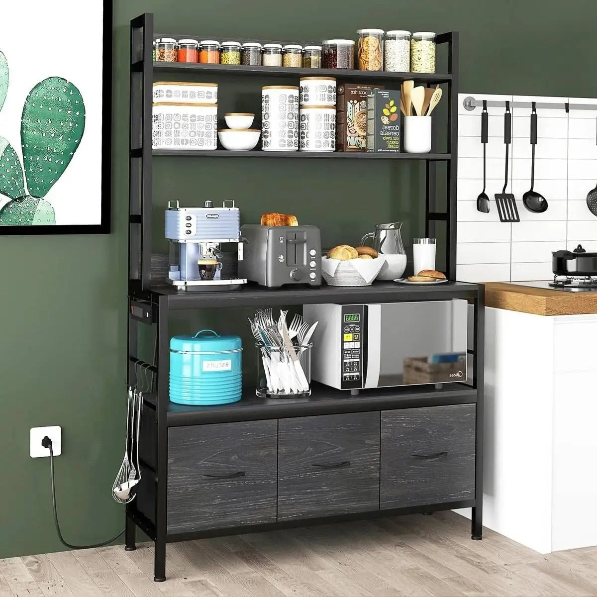 Black Metal Kitchen Baker’s Rack 4-Shelves with Bottom Storage Cabinets - Bakers Racks