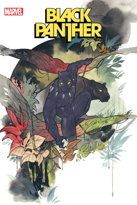 Black Panther with glowing eyes leaping in dynamic pose for Momoko Var trading cards