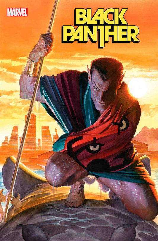 Comic book cover of Black Panther #14 featuring a warrior in a red cape against orange sky