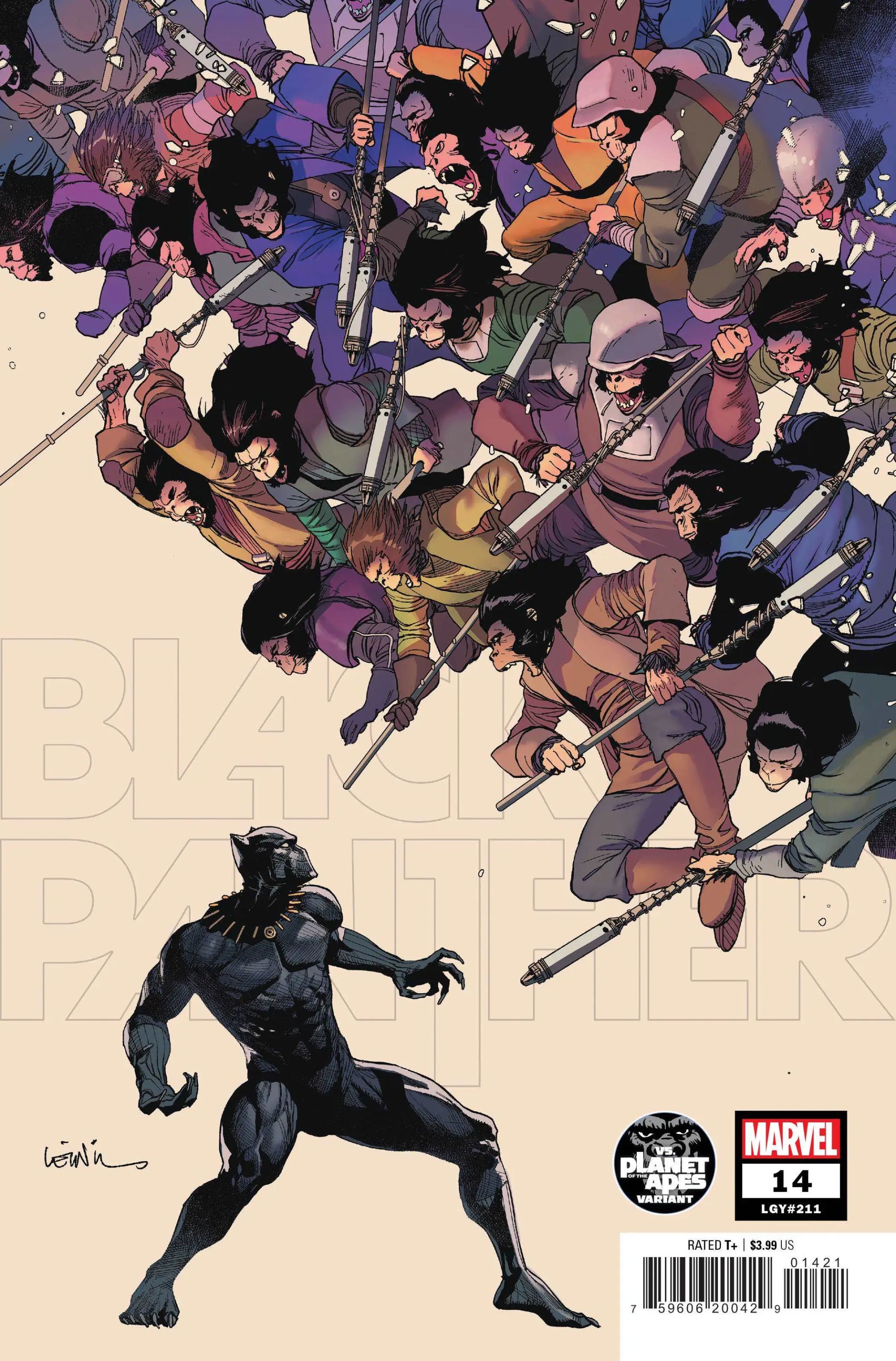 Black Panther #14 Yu Planet of the Apes Var cover art featuring a black-suited hero