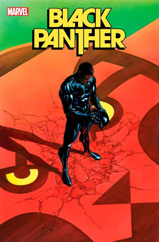 Superhero in black suit strikes dynamic pose against red backdrop for Black Panther trading cards