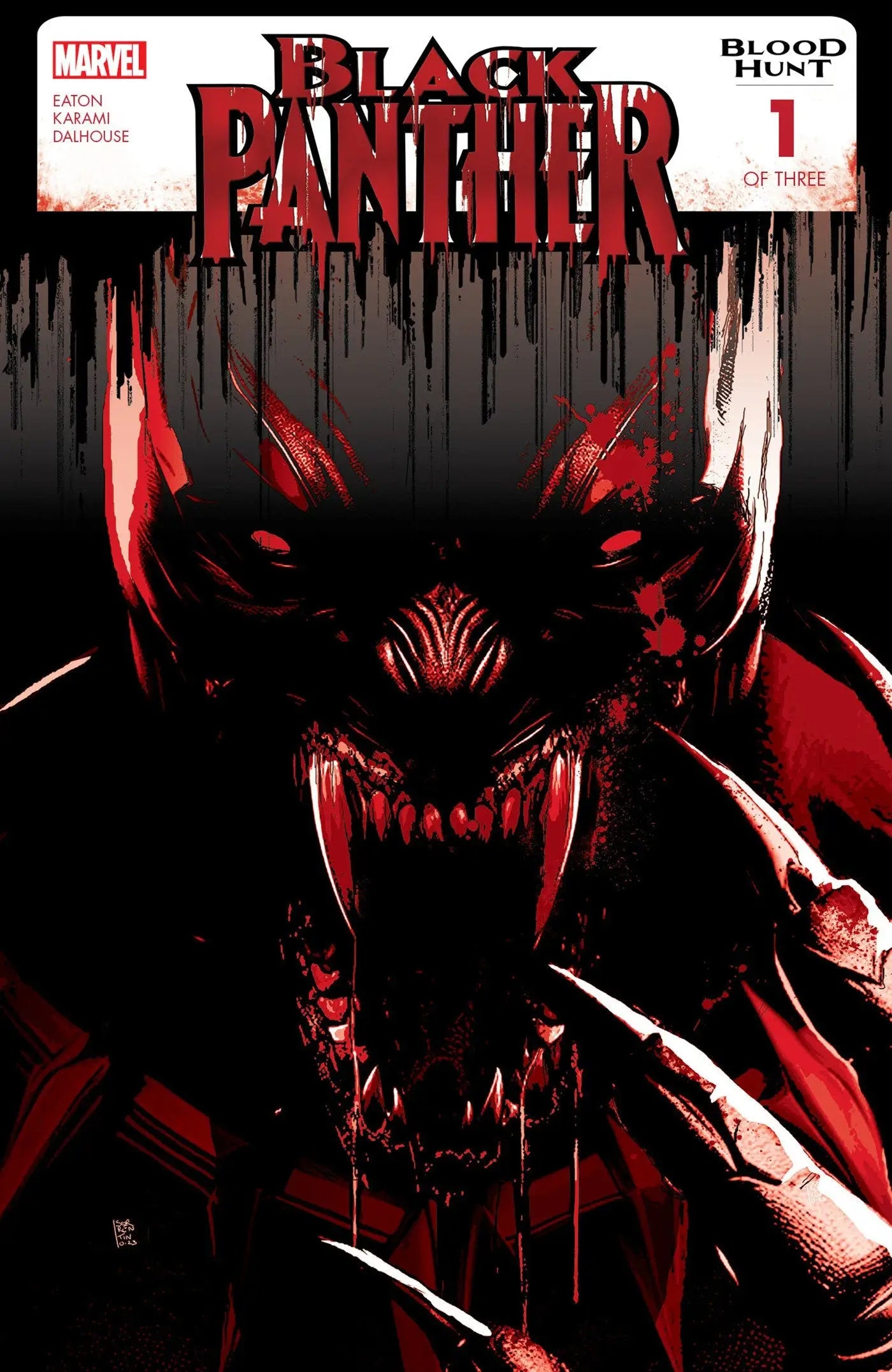 Fierce Black Panther head with glowing red eyes on Blood Hunt comic book cover