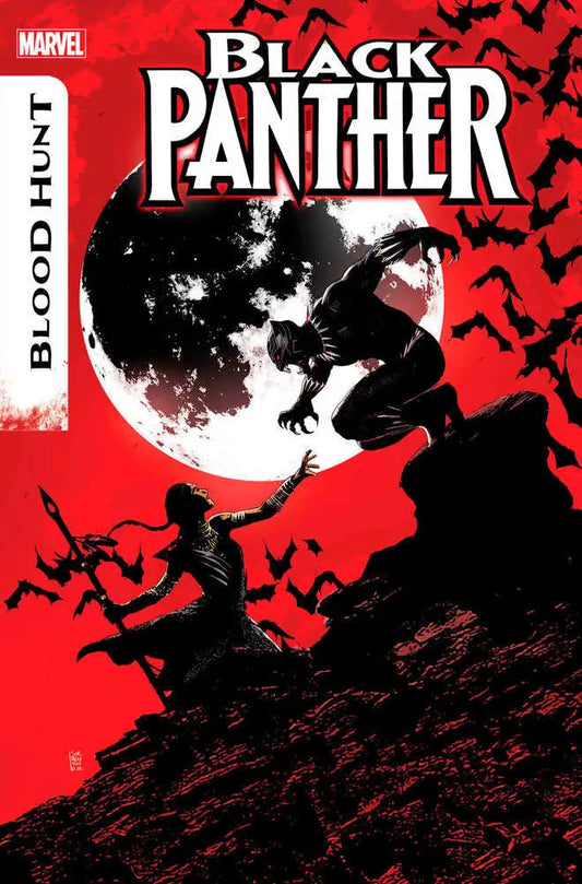 Silhouetted Black Panther leaps against a blood-red moon for trading cards series
