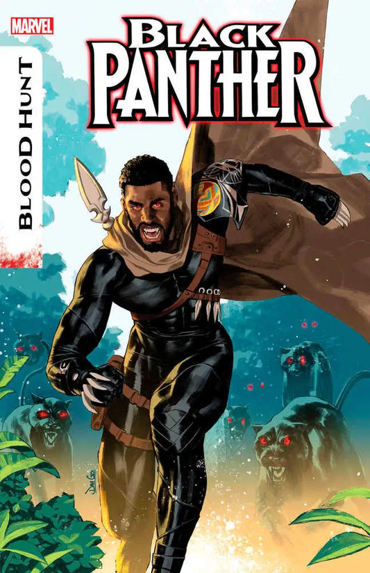 Dynamic Black Panther leaps in a brown cape against a turquoise sky on comic cover