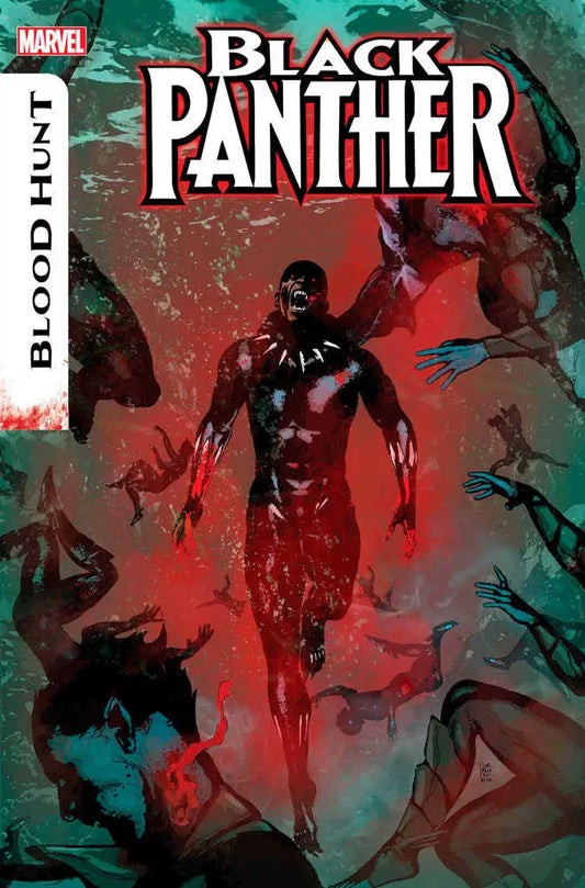 Black Panther rising in a vibrant red and turquoise atmosphere on comic book cover