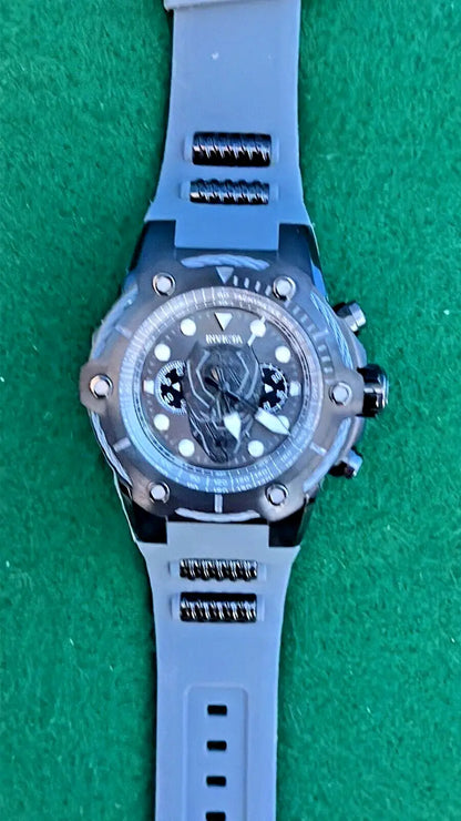 Grey silicone strap watch with dark multi-dial face from Black Panther Marvel limited edition watch