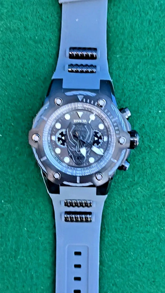Grey silicone strap watch with dark multi-dial face from Black Panther Marvel limited edition watch
