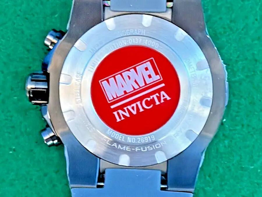 Back of Silver Invicta Black Panther Marvel limited edition watch with red Marvel logo