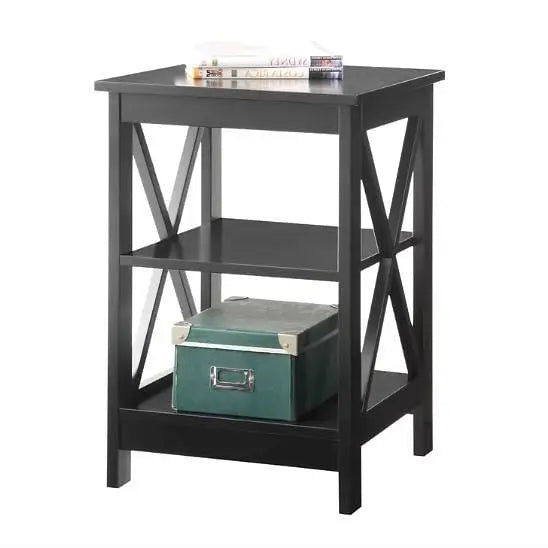 Black Wood X-Design End Table Nightstand with 3 Open Shelves - Nightstand