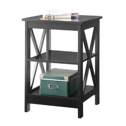 Black Wood X-Design End Table Nightstand with 3 Open Shelves - Nightstand