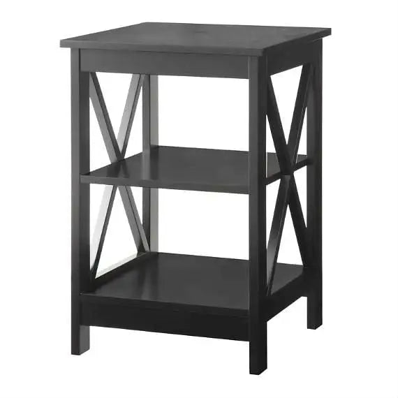 Black Wood X-Design End Table Nightstand with 3 Open Shelves - Nightstand