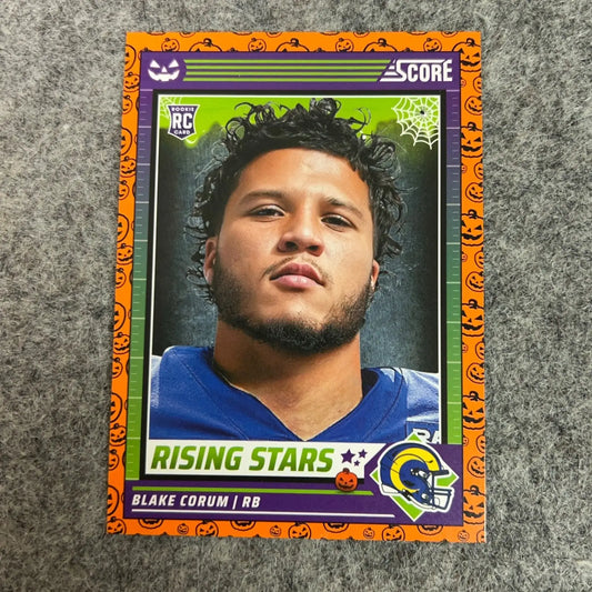 Halloween-themed NFL trading card featuring Blake Corum from the 2024 Los Angeles Rams set